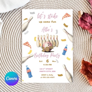 May include: A bowling-themed birthday party invitation with a white background. The invitation features bowling pins, a bowling ball, pizza slices, and soda bottles. Text includes "Let's strike up some fun" and party details.