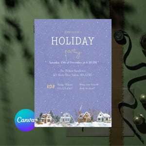 Winterdorf Festliche Einladung, Frohe Weihnachten Party einladen, Verschneite Dorf Vorlage, Gemütliche Stadt Urlaub Bearbeitbar Canva Digital Download 2
