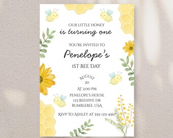 Invitación de flores silvestres, invitación para la fiesta del primer cumpleaños, Nuestra pequeña miel cumple un año, fiesta de primer cumpleaños, editable en Canva, descarga digital