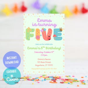 May include: A light green birthday invitation with the text "Emma is turning FIVE". The invitation includes the text "Join us to celebrate Emma's 5th Birthday!" and "Saturday, October 12th 2:00pm". The invitation also includes the text "Instant Download" and "Editable in Canva".