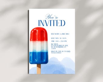 Plantilla de invitación para el 4 de julio, invitación a fiesta de paletas heladas con barbacoa patriótica, plantilla editable de Canva para el Día de la Independencia (descarga instantánea)