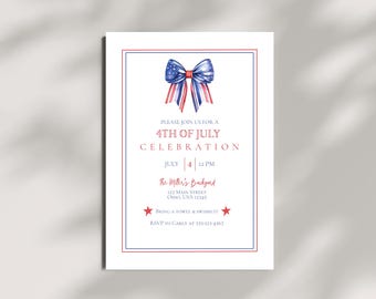 Invitación patriótica para el 4 de julio / Invitación a barbacoa del Día de la Independencia con la bandera estadounidense / Plantilla editable de Canva para el 4 de julio (descarga instantánea)