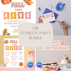 May include: A collection of party supplies with a fall theme. Includes banners, invitations, and a birthday cake. The text on the banner reads "FALL into FIVE" and "HAPPY BIRTHDAY". The image also includes the text "THE ULTIMATE PARTY BUNDLE".