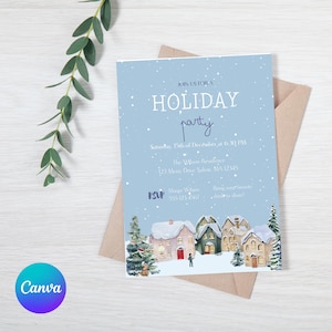 Winter Village Holiday Invitation, Merry Christmas Party Invite, Snowy Village Template, Cozy Town Easy Editable Canva Digital Download