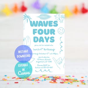 以下が含まれることがあります： WAVES FOUR DAYS、Join us to celebrate Levi's 4th Birthday、Saturday October 12th at 2:00pm、Levi's House 123 Main Street、Please RSVP to Katie at 555-123-4567と書かれた水色の文字がある白い誕生日招待状。