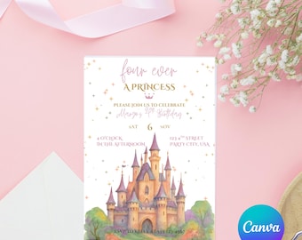 Princess 4th Birthday Invitation Girl, Castle Birthday Party Invite, Editable Canva Template, Instant Download