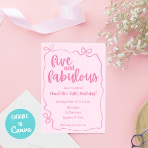 Inbjudan till 5-årsdag, flicka med fem års födelsedagsinbjudan, rosa barnfestinbjudan, redigerbar Canvas-mall