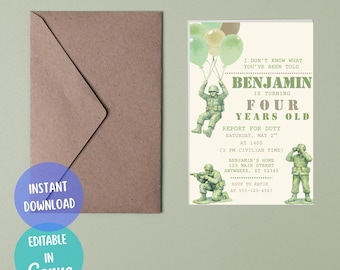 Uitnodiging voor een verjaardag met soldaatjes | Uitnodiging voor een feestje met speelgoedsoldaatjes | Bewerkbare Canva-sjabloon | Meld je voor de dienst | Digitale download met militaire thema's | Voor alle leeftijden