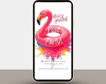 Pink Flamingo Pool Party Invitation | Tropical Summer Birthday Invite, Editable Canva Template)