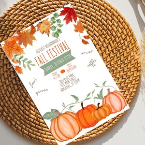 May include: A white flyer for the Hillcrest Neighborhood's Fall Festival, featuring watercolor illustrations of autumn leaves and pumpkins. The flyer includes event details: Sunday, October 27th, from 4-7 PM, at Hillcrest Park.