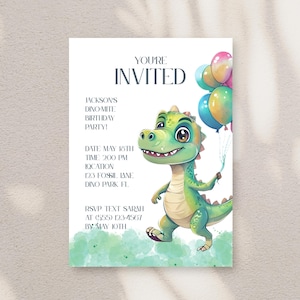 Cute Dinosaur Birthday Invitation | Editable Fun Kids Party Canva Invite with Balloons | T-Rex Celebration Digital Download Invitation