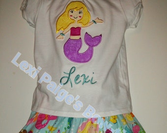 Girls Mermaid Summer Twirly Skirt Outfit Set Girl Boutique Clothes! Birthday Party Outfit Personalized Summer Beach Toddler Baby Girls