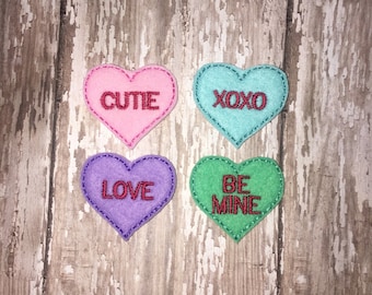 Set of 4 Conversation Heart Valentines Valentine Day Feltie Felt Embellishment Bow! Birthday Party Felties Planner Clip V-DAY Love Be Mine