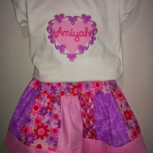 Hearts and Flowers Pink and Lavender Valentine Boutique Birthday Party Shirt and Skirt Set Girl Outfit Love Valentines Valentine's Day image 1