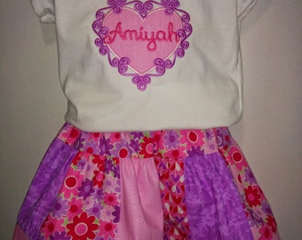 Hearts and Flowers Pink and Lavender Valentine Boutique Birthday Party Shirt and Skirt Set Girl Outfit! Love Valentines Valentine's Day