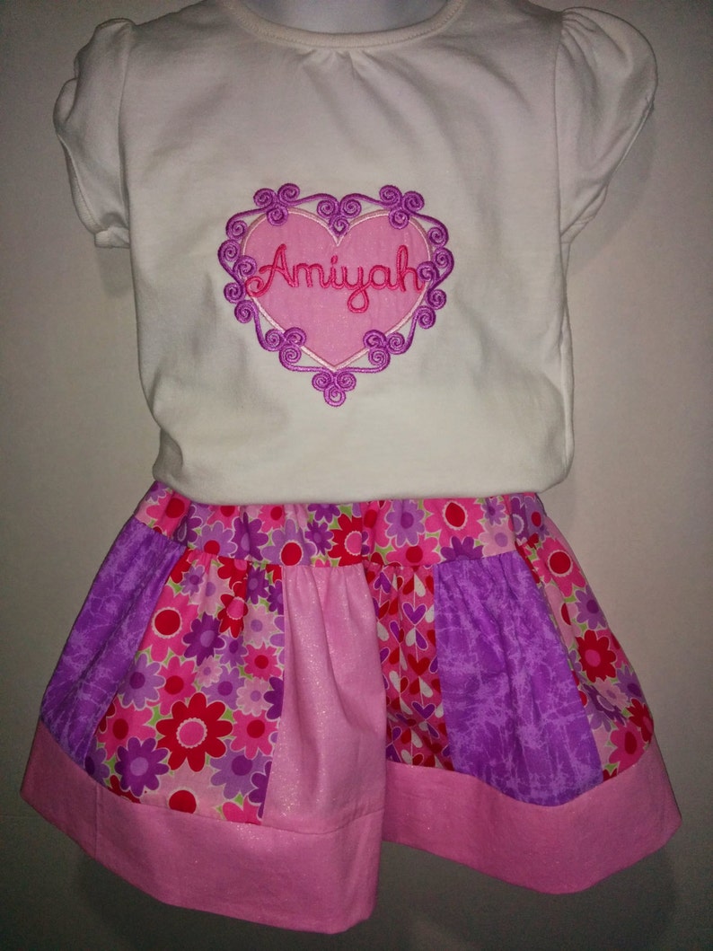 Hearts and Flowers Pink and Lavender Valentine Boutique Birthday Party Shirt and Skirt Set Girl Outfit Love Valentines Valentine's Day image 1