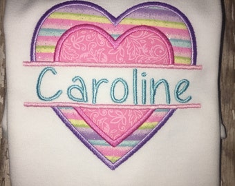 Split Heart Valentine's Day Personalized Embroidered Shirt T-Shirt Girl! Sizes  2 ,3, 4, 5, 6, 7, 8 Glitter Pastel