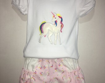 Girls Unicorn Short Set! Boutique Outfit Pockets Embroidered Shirt Birthday Party Magic Magical 2, 3, 4, 5, 6, 7, 8, 10, 12 Toddler Horse