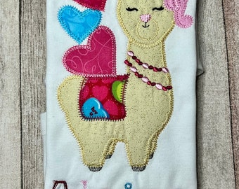 Girls Valentine Llama Shirt Love Conversation Hearts Tshirt Embroidered Alpaca Love Valentine’s Day Personalized