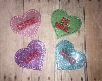 Set of 4 Conversation Heart Valentines Valentine Day Feltie Felt Embellishment Bow! Birthday Party Felties Planner Clip V-DAY Love Be Mine