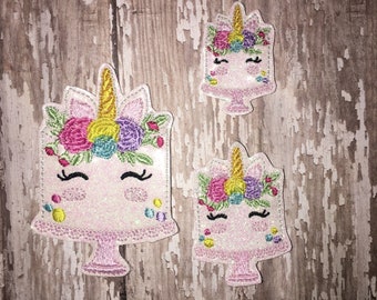 Girly Pink Unicorn Gold Horn Embroidered Felt Applique