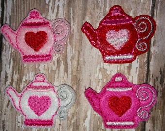 Set of 4 Heart Teapot Valentines Valentine Day Feltie Felt Embellishment Bow! Birthday Party Tea Party Alice in Wonderland