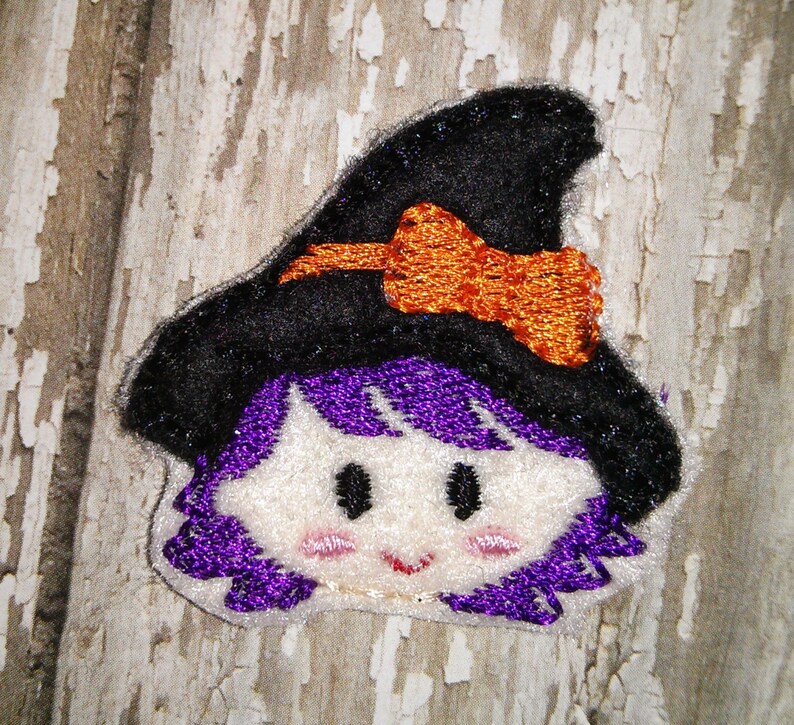 Set of 4 Halloween Cutie Witch Hat Feltie Felt Embellishment Bow Felties Applique Party image 1