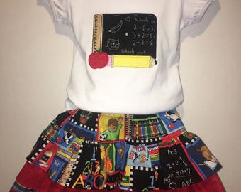 Girls Back To School Boutique Skirt Set Outfit! Twirly Skirt! Embroidered Applique Shirt! Bow Available! 3 4 5 6 7 8 First Day! Chalkboard