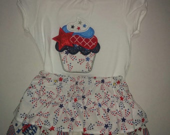 Girls Baby Infant Sister Set 4th Fourth of July Patriotic Cupcake Stars Boutique Skirt Set Outfit Tiered Twirly Skirt Embroidered Shirt! 3 6