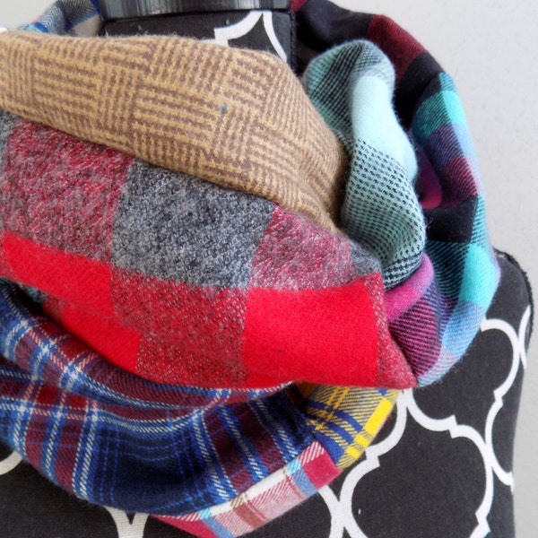 The Patchwork Plaid Single Loop Cowl Scarf Womens One Loop Unique Plaid Scarves Chunky Warm Plaid Gift for Her Plaid Patch Scarf Quilt Cowl