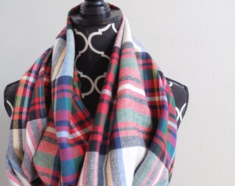 The Perfect Plaid Infinity Scarf Cream & Red w/ Colorful Accents Adult Womens Scarves Plaid Flannel Fashion Scarf Chunky Plaid Fall Scarf