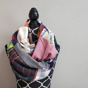 Patchwork Plaid Infinity Scarf, One of a Kind Colorful Plaid Flannel Patch Scarf, Unique Scarves, Gift for Her Quilt Scarf
