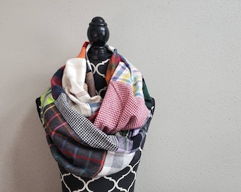 Patchwork Plaid Infinity Scarf, One of a Kind Colorful Plaid Flannel Patch Scarf, Unique Scarves, Gift for Her Quilt Scarf