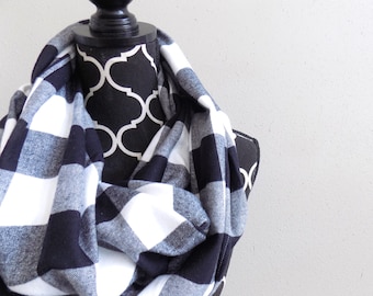 Black & White Buffalo Fringed or Hemmed Plaid Infinity Scarf Womens Winter Plaid Scarves Girls Fashion Plaid Circle Scarves Black and White