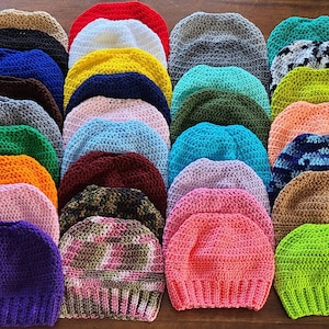 crochet messy bun hats / aka ponytail hats/ 30 + colors available !!  messy bun hat / ponytail hat / messy bun.  made and ready to ship !