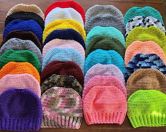 crochet messy bun hats / aka ponytail hats/ 30 + colors available !!  messy bun hat / ponytail hat / messy bun.  made and ready to ship !