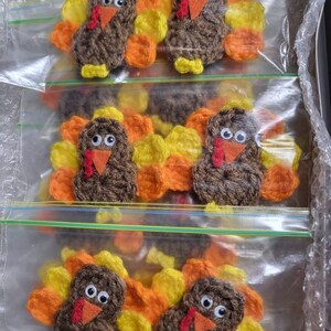 May include: Handmade turkey ornaments with brown bodies, orange, yellow, and orange tail feathers, and googly eyes. Each turkey has a red wattle and orange beak. The ornaments are in clear plastic bags.