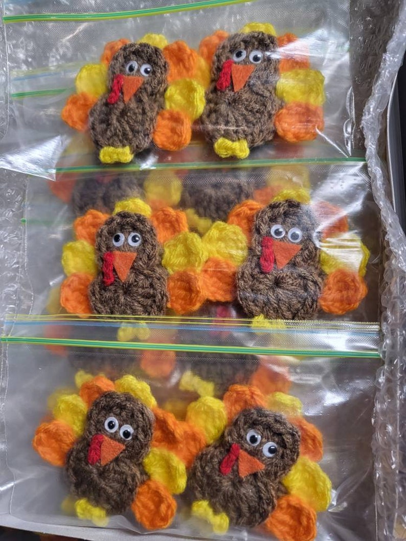 May include: Handmade turkey ornaments with brown bodies, orange, yellow, and orange tail feathers, and googly eyes. Each turkey has a red wattle and orange beak. The ornaments are in clear plastic bags.
