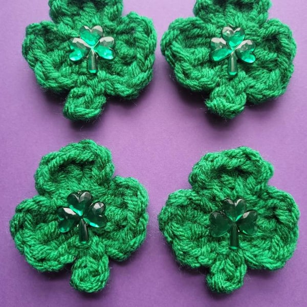Set of 4 Crochet  Shamrock Pins (Made and ready to ship) crochet Pins / St Patty's day pins shamrock pins, 3 leaf clovers
