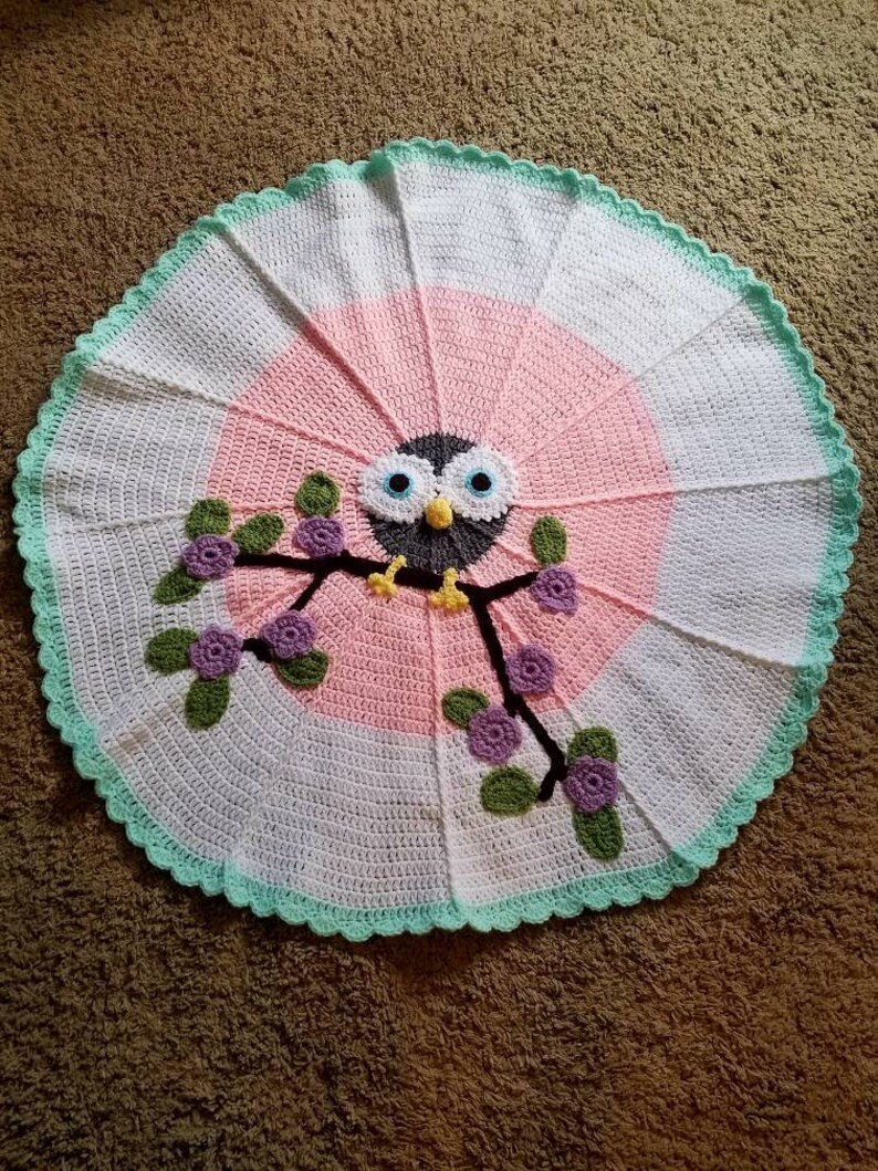 Handmade owl Blanket crochet circle owl blanket owl baby blanket crochet owl blanket made and ready to ship