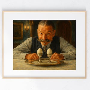 Agatha Christie Inspired Art Print of an Acrylic Painting of Hercule Poirot Murder Mystery Book Lovers Detective Artwork Humor OCD Eggs