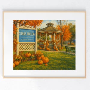 Autumn Pumpkins Stars Hallow Inspired Art Print 5X7 8X10 of an acrylic painting Town Gazebo Fall Festival Wall Decor Nostalgia Gift