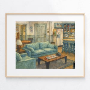 Jerry&#39;s Apartment Art Print New York City TV Show Living Room Watercolor Painting Elaine Sitcom Poster Kramer Gift Idea