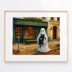 Halloween Art Print Cute Ghost with Black Cat Illustration Shop Around the Corner Acrylic Painting You’ve Got Mail Fall Autumn Bookstore
