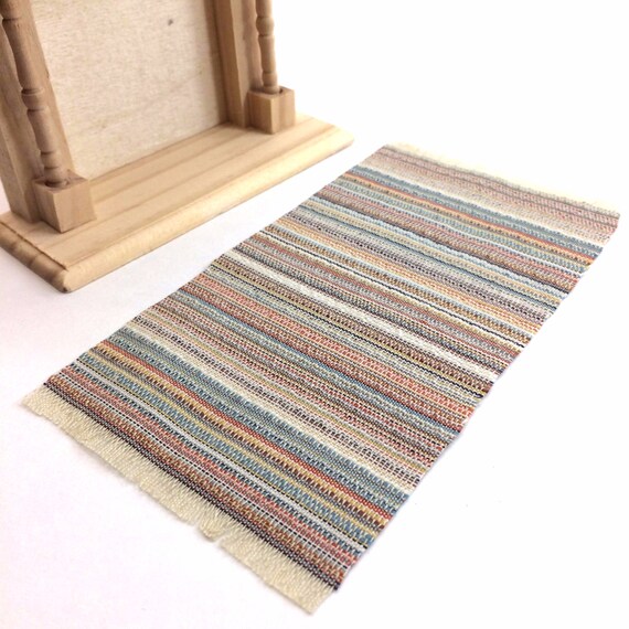 Dollhouse Orange /& Blue Striped Rug with fringe 2/" by 4 /"