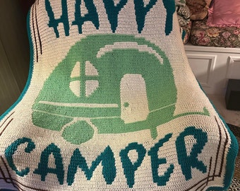 Happy Camper Overlay Mosaic Crochet Pattern, Camping Crochet Pattern