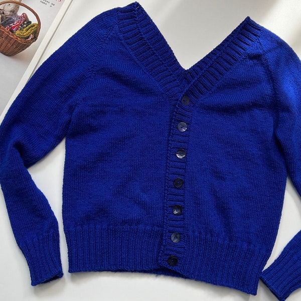 Women's knit cashmere crop sweatshirt Casual cozy lightweight Klein blue cardigan Backwards Deep V neck personalized sweater women's gifts