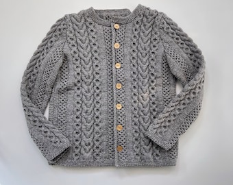 Jane&#39;s Handknit Irish fisherman cabled cashmere sweater 竹枝词 Women&#39;s lightweight 1970s retro gray cardigan personalized gift for her cardigan