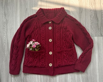 Irish Fisherman burgundy cardigan women Cable chunky handknit cashmere oversize pocket raglan coat jacket 1970's Vintage Personalize sweater