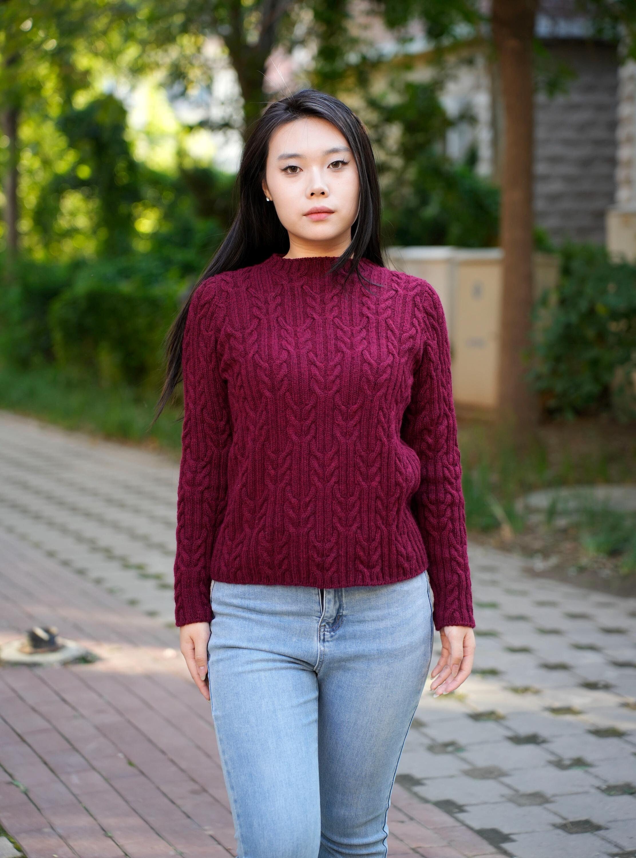 Jane's Handknit 长安来信 Irish fisherman cashmere burgundy sweater Women's Cabled knit soft pullover Retro 1970's clothing Mother's day gift
